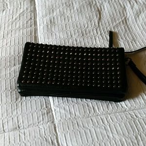 Black leather studded wristlet wallet